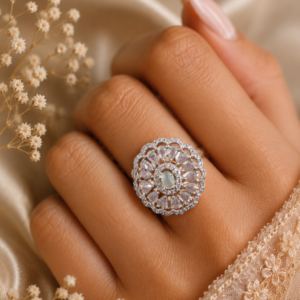 Untitled design - 2026-06-19T134631.808 Silver Plated Floral Halo Crystal Statement Ring for Women | Adjustable CZ Cocktail Ring | Luxury Flower Design Ring