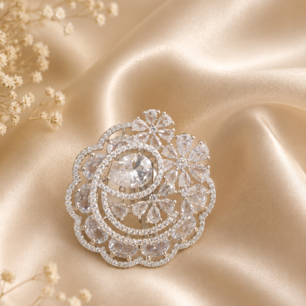 Untitled design - 2026-06-19T135300.657 Luxury Silver Floral Statement Ring for Women | Cubic Zirconia Crystal Cocktail Ring | Elegant Designer Flower Ring