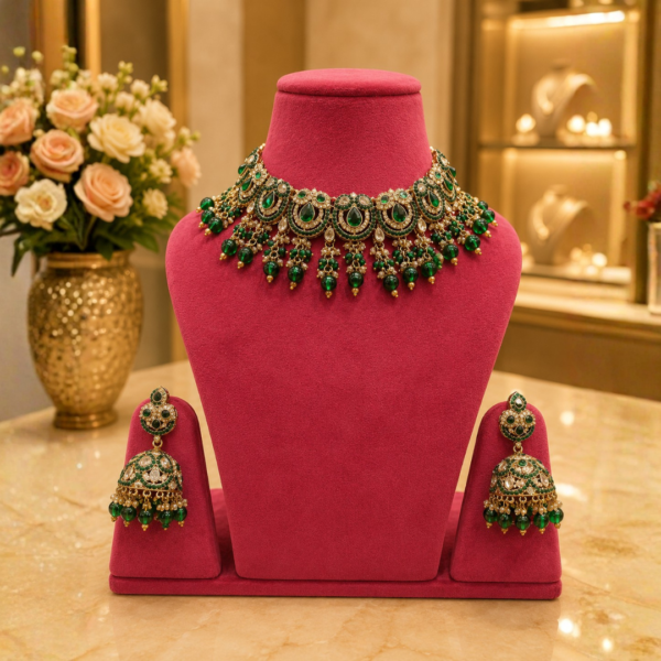 oyal Emerald Green & Kundan Choker Necklace Set with Matching Jhumkas