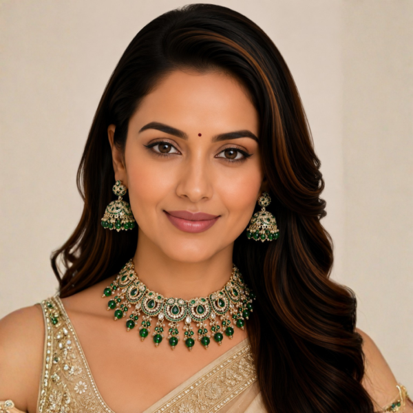 oyal Emerald Green & Kundan Choker Necklace Set with Matching Jhumkas