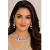 Elegant Sapphire Blue Teardrop Necklace Set in Silver Diamond Finish