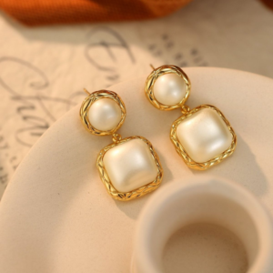 Elegant Pearl Round and Square Drop Dangle Earrings - Gold