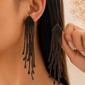 Untitled design (4) Elegant Cascading Black Crystal Fringe Dangle Earrings