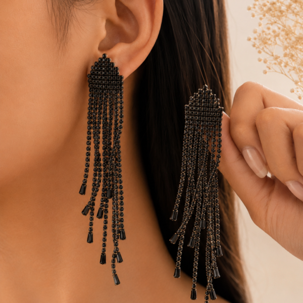 Untitled design (4) Elegant Cascading Black Crystal Fringe Dangle Earrings