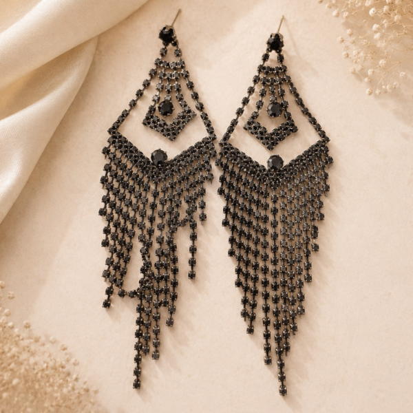 Dramatic Geometric Black Crystal Chandelier Dangle Earrings