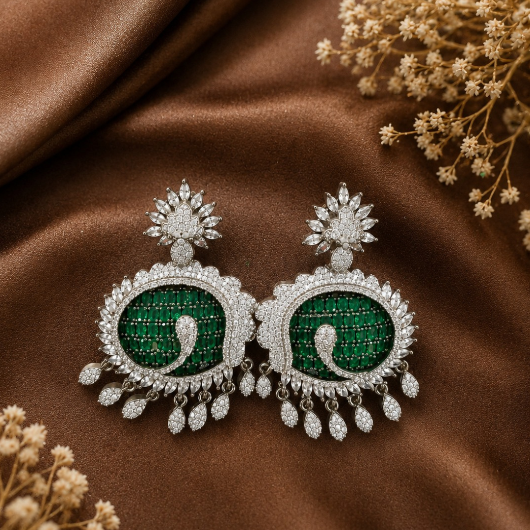 Silver Plated Green Stone Chandbali Earrings for Women | Traditional Designer Party Wear Earrings