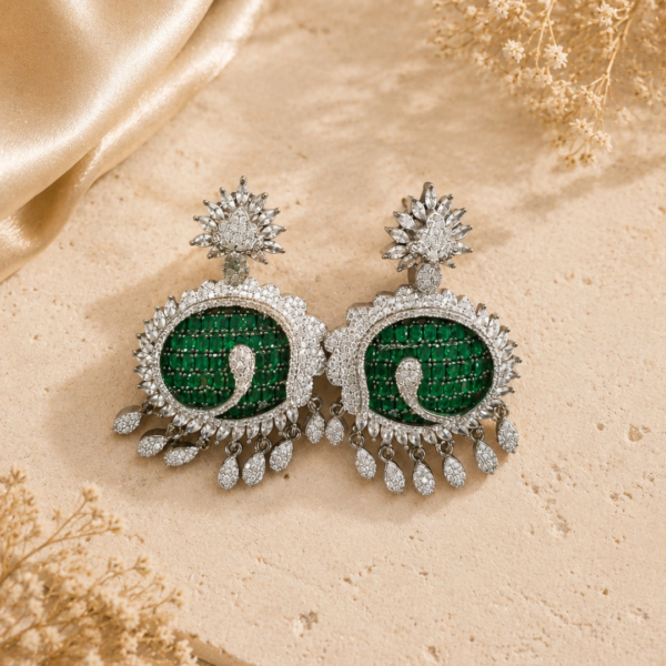 Silver Plated Green Stone Chandbali Earrings for Women | Traditional Designer Party Wear Earrings