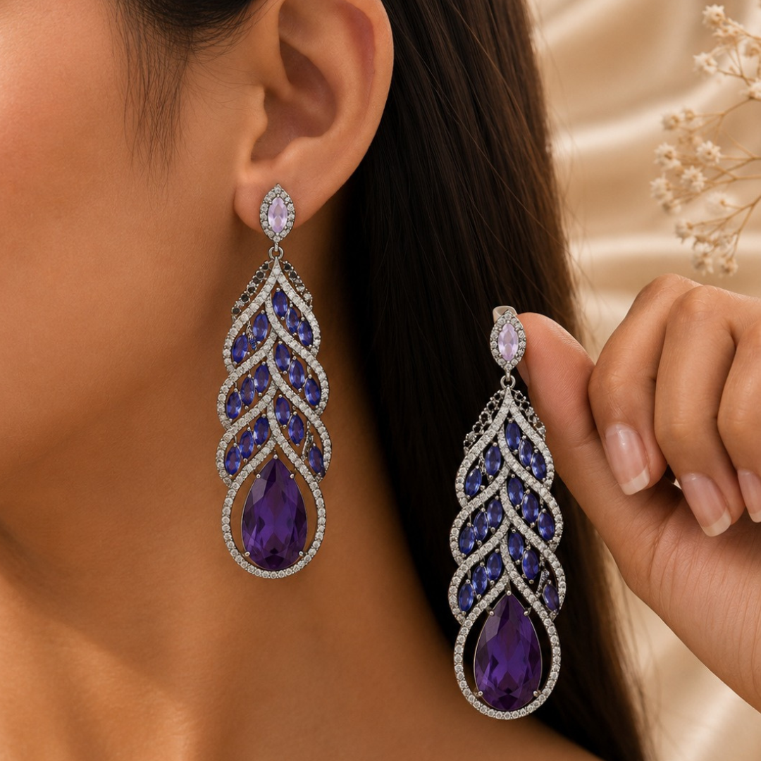 Silver Plated Blue & Purple Crystal Drop Earrings for Women | Luxury Party Wear Statement Earrings