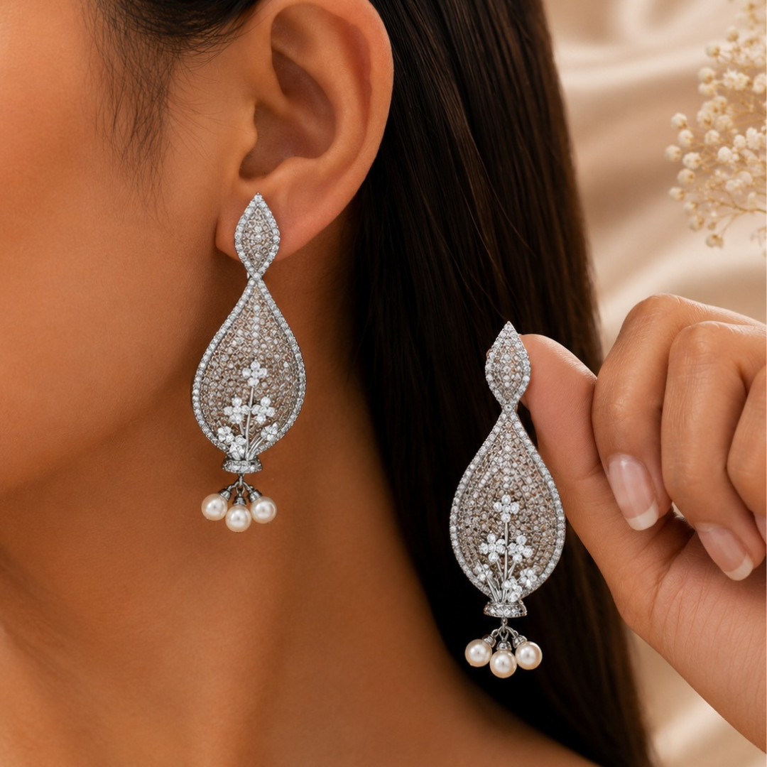 Silver Plated Pearl Drop Jhumka Earrings for Women | Floral Designer Party & Wedding Wear Earrings