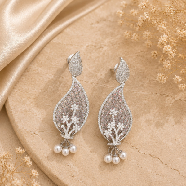 Silver Plated Pearl Drop Jhumka Earrings for Women | Floral Designer Party & Wedding Wear Earrings