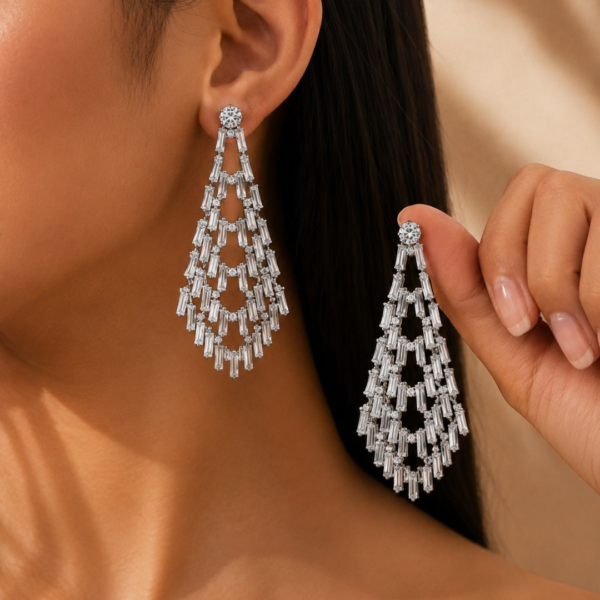 Silver Plated CZ Waterfall Chandelier Earrings for Women | Luxury Crystal Party & Wedding Wear Earrings