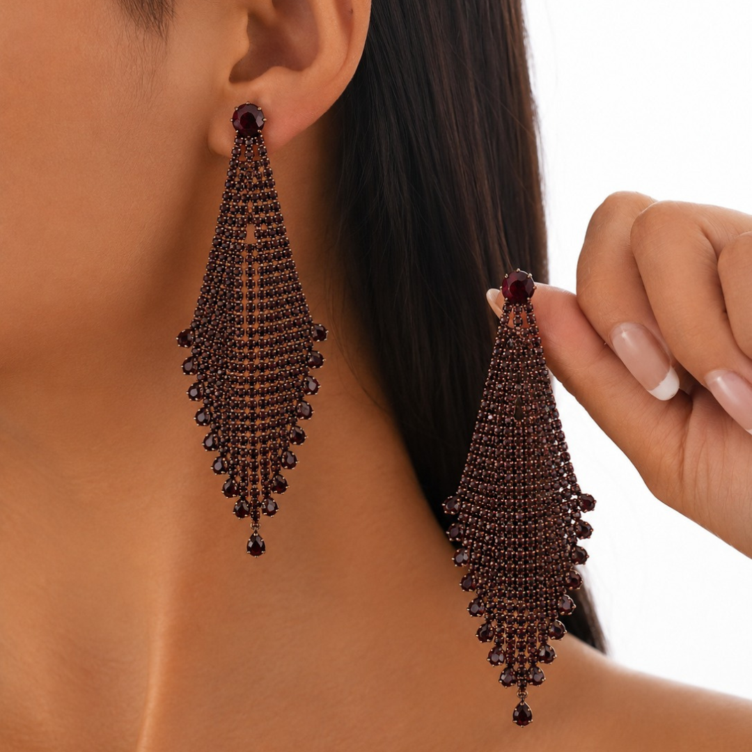 Black Rhodium Plated Burgundy Crystal Chandelier Earrings for Women | Luxury Statement Party Wear Earrings