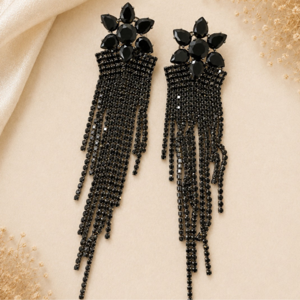 Magnificent Floral Black Crystal Tassel Dangle Earrings