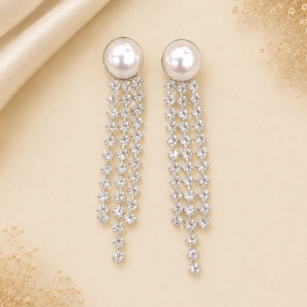 Untitled design (62) Silver Plated Pearl & CZ Tassel Drop Earrings for Women | Luxury Statement Party & Wedding Wear Earrings