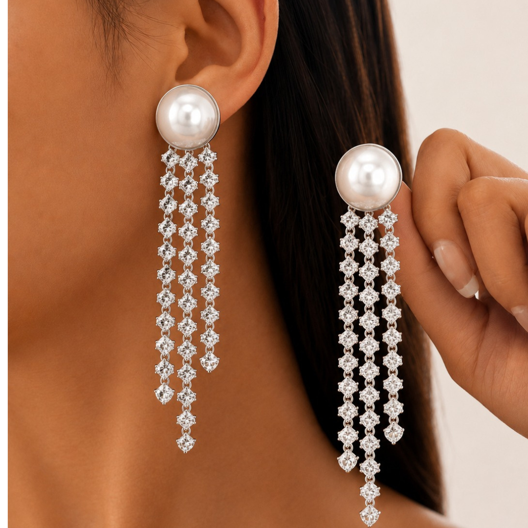 Silver Plated Pearl & CZ Tassel Drop Earrings for Women | Luxury Statement Party & Wedding Wear Earrings