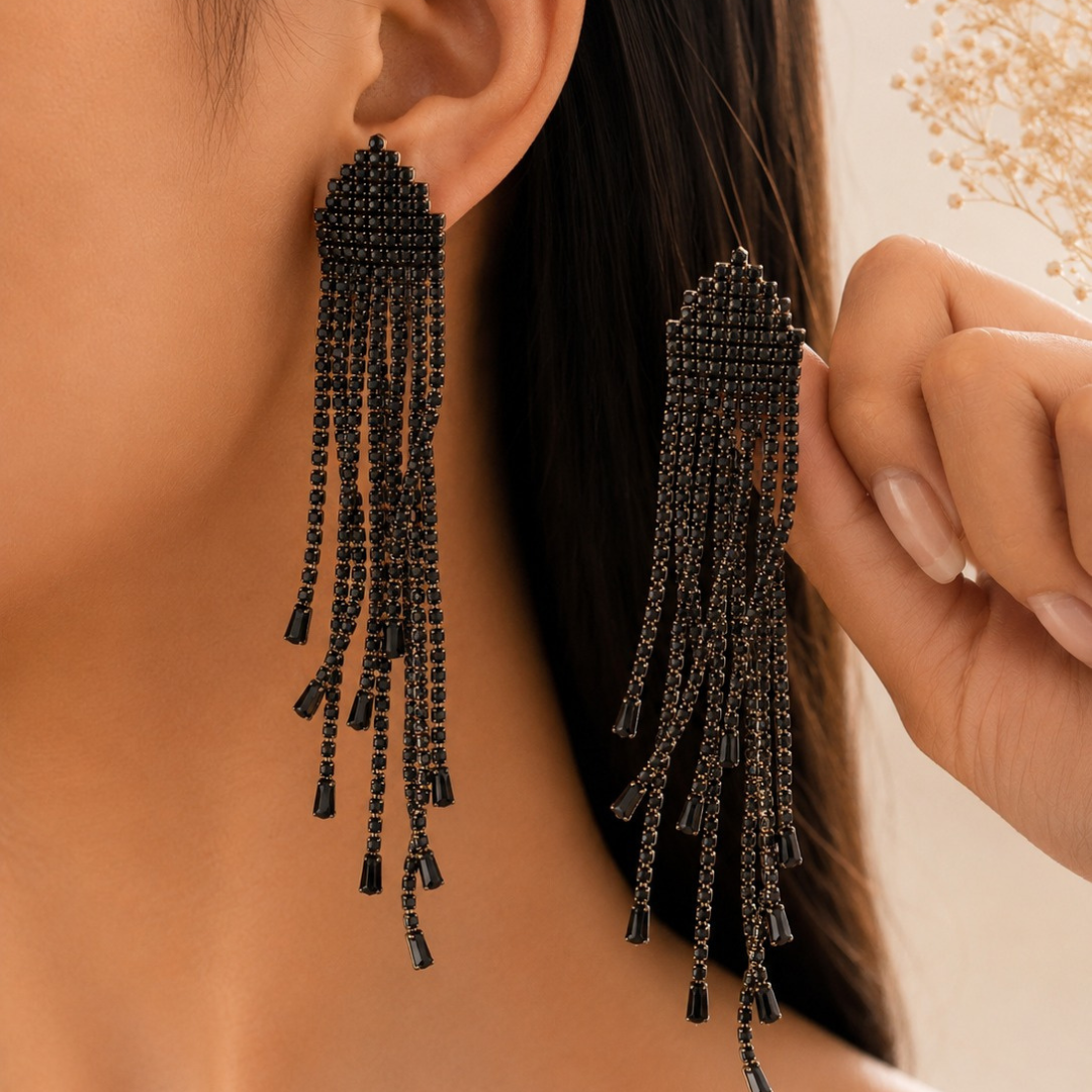 Black Crystal Tassel Statement Earrings for Women | Black Rhodium Plated Party & Evening Wear Earrings
