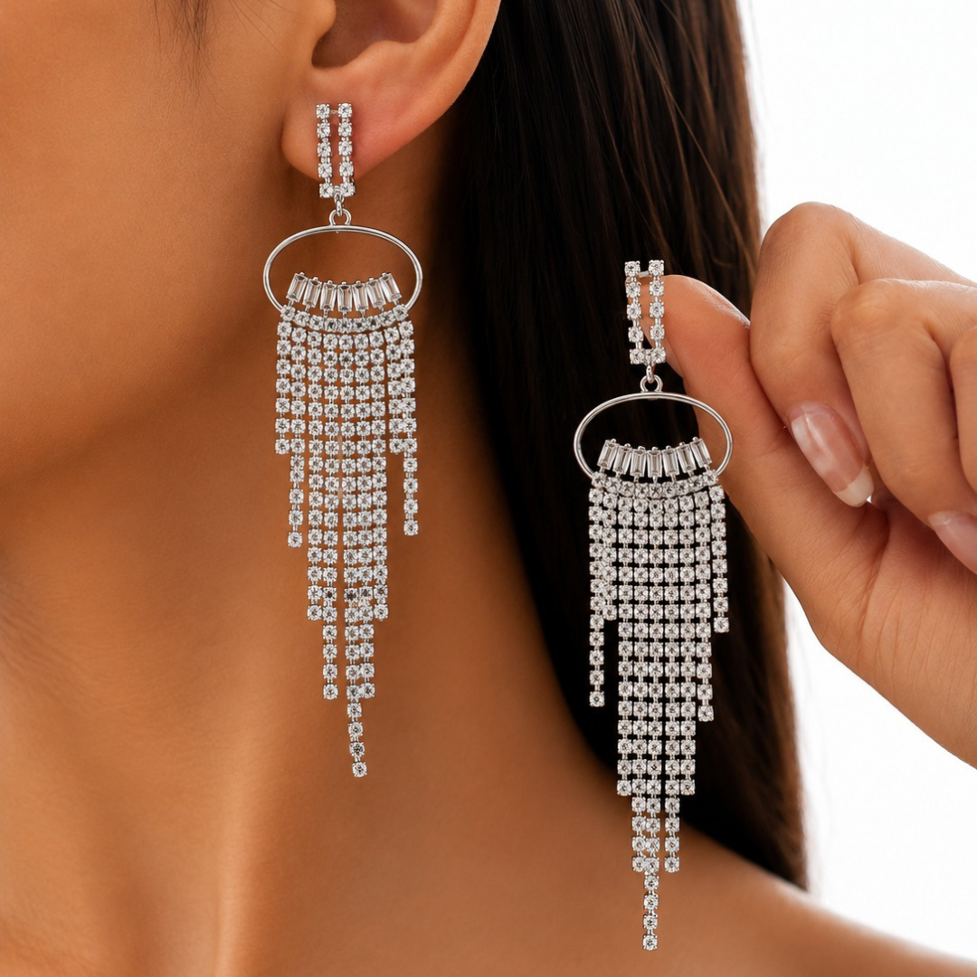 Silver Plated CZ Fringe Hoop Earrings for Women | Luxury Rhinestone Tassel Party & Wedding Wear Earrings