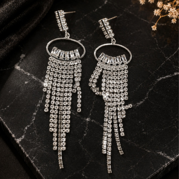 Untitled design (67) Silver Plated CZ Fringe Hoop Earrings for Women | Luxury Rhinestone Tassel Party & Wedding Wear Earrings
