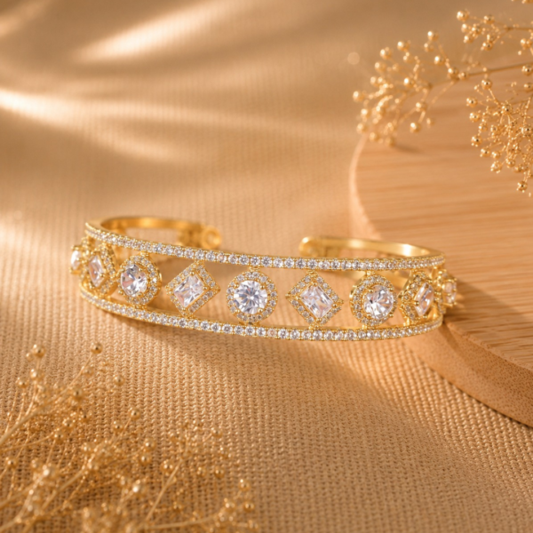 Gold Plated CZ Open Cuff Bracelet for Women | Luxury Crystal Statement Bangle | Party & Wedding Wear