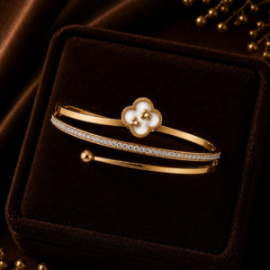 Untitled design (80) Gold Plated Clover CZ Open Cuff Bracelet for Women | Elegant Floral Charm Bracelet | Luxury Fashion Jewelry