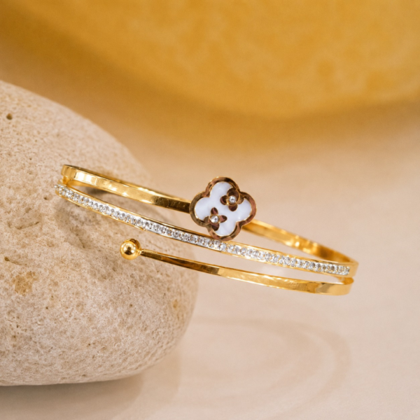 Gold Plated Clover CZ Open Cuff Bracelet for Women | Elegant Floral Charm Bracelet | Luxury Fashion Jewelry