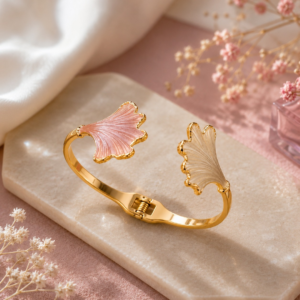 Untitled design (86) Gold Plated Ginkgo Leaf Open Cuff Bracelet for Women | Enamel Floral Designer Bracelet | Luxury Fashion Jewelry