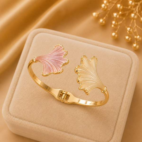 Gold Plated Ginkgo Leaf Open Cuff Bracelet for Women | Enamel Floral Designer Bracelet | Luxury Fashion Jewelry