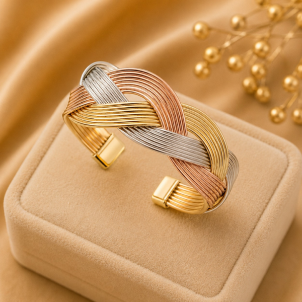 Untitled design (88) Tri-Tone Woven Open Cuff Bracelet for Women | Gold, Rose Gold & Silver Plated Statement Bracelet