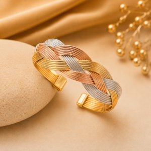 Untitled design (89) Tri-Tone Woven Open Cuff Bracelet for Women | Gold, Rose Gold & Silver Plated Statement Bracelet
