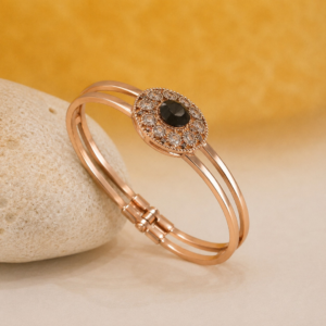Untitled design (90) Rose Gold Plated Black Stone Bracelet for Women | CZ Halo Designer Bangle | Luxury Fashion Jewelry