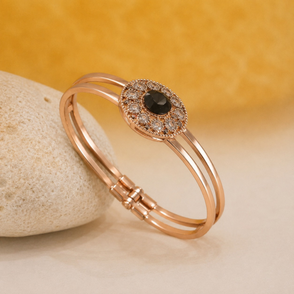 Rose Gold Plated Black Stone Bracelet for Women | CZ Halo Designer Bangle | Luxury Fashion Jewelry