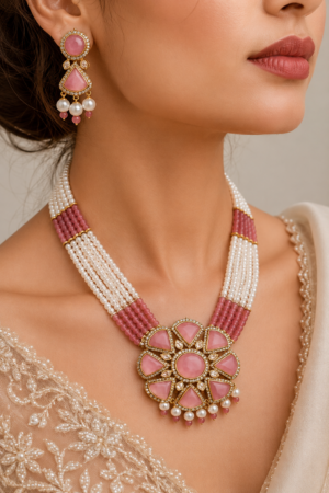 64a3d6da-2af6-4370-a3dc-6e85e487d7f6 Pink Floral Pearl Beaded Necklace Set