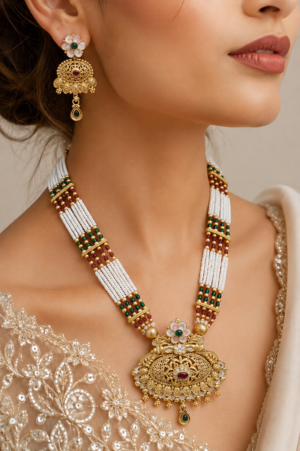 a2a32f39-64a4-489f-a9d8-b69c410cd4dd Traditional Floral Pearl Beaded Necklace Set